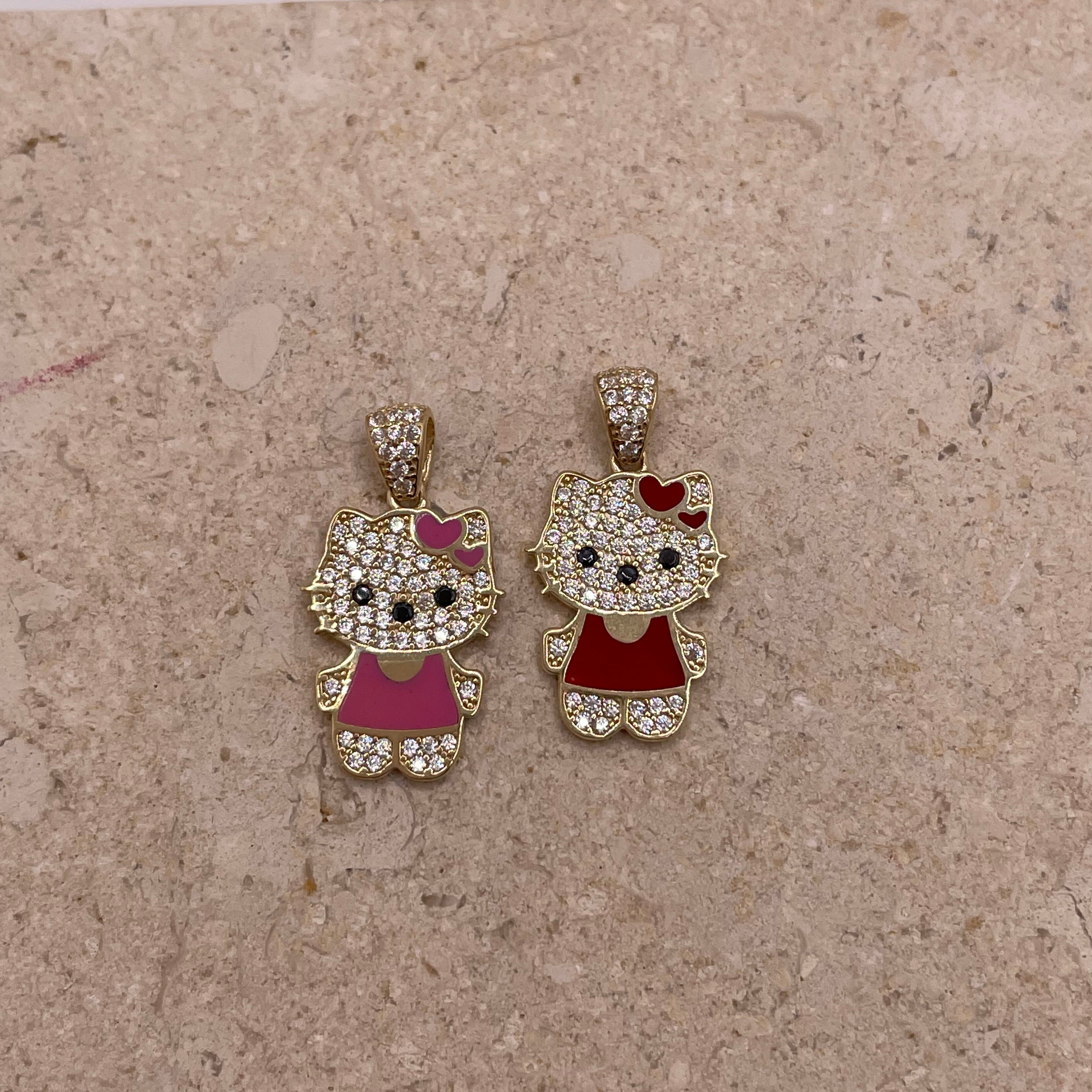 14k gold hello kitty cz pendant (pink/red)