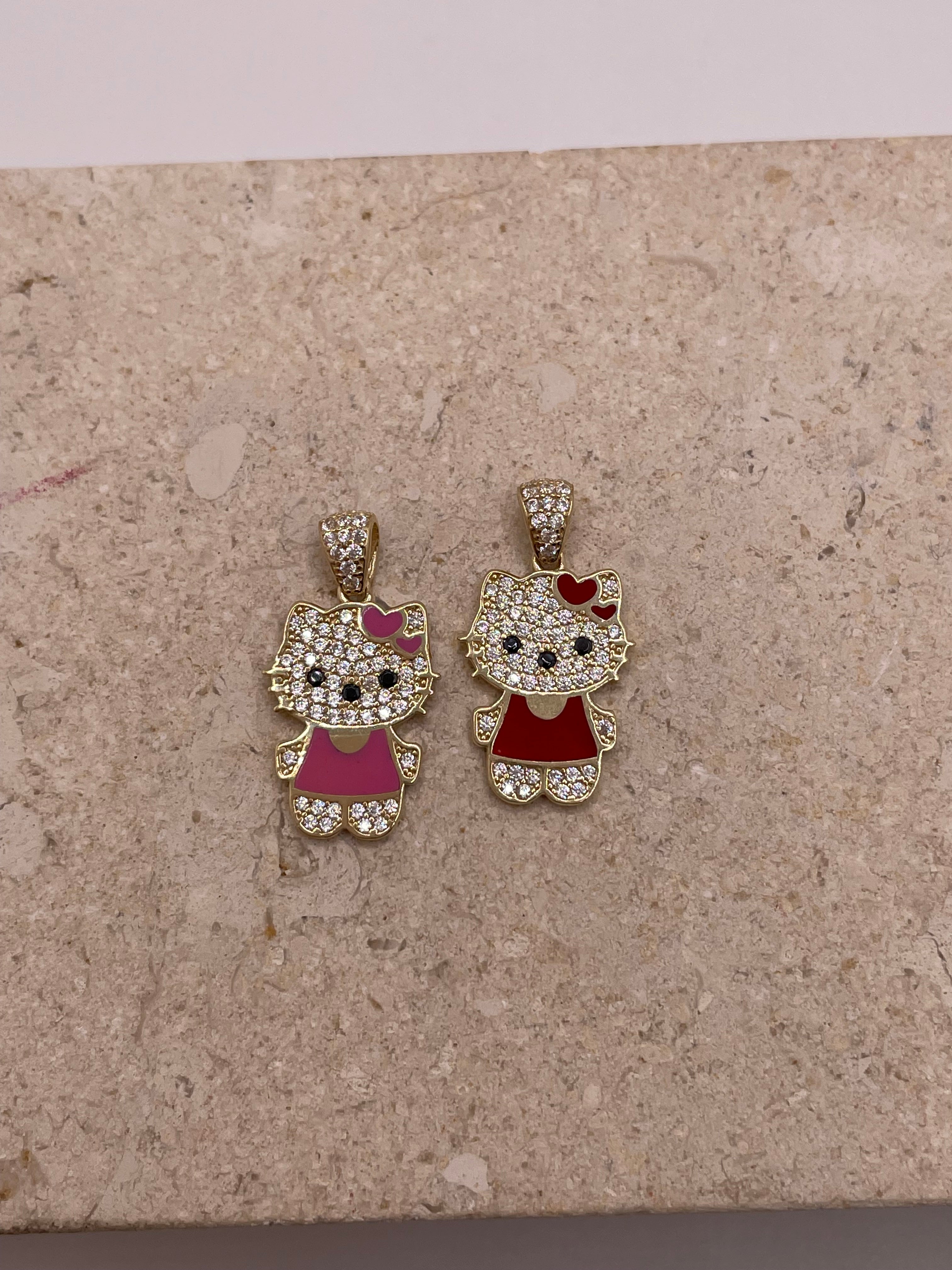 14k gold hello kitty cz pendant (pink/red)