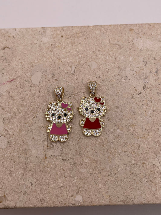 14k gold hello kitty cz pendant (pink/red)