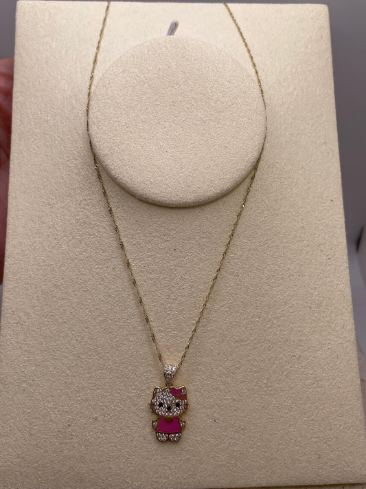 14k solid gold kitty pendant & .9mm singapore necklace set