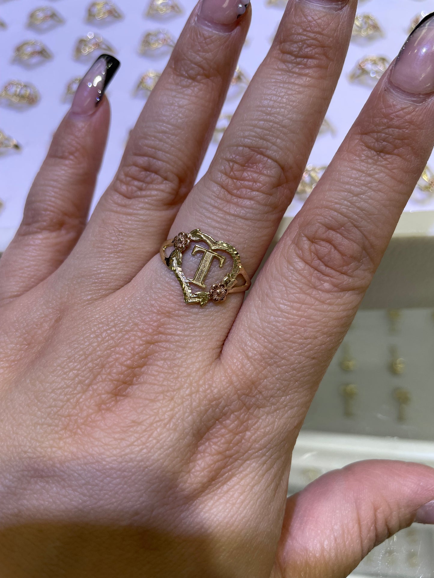 14k gold heart initial ring a-z