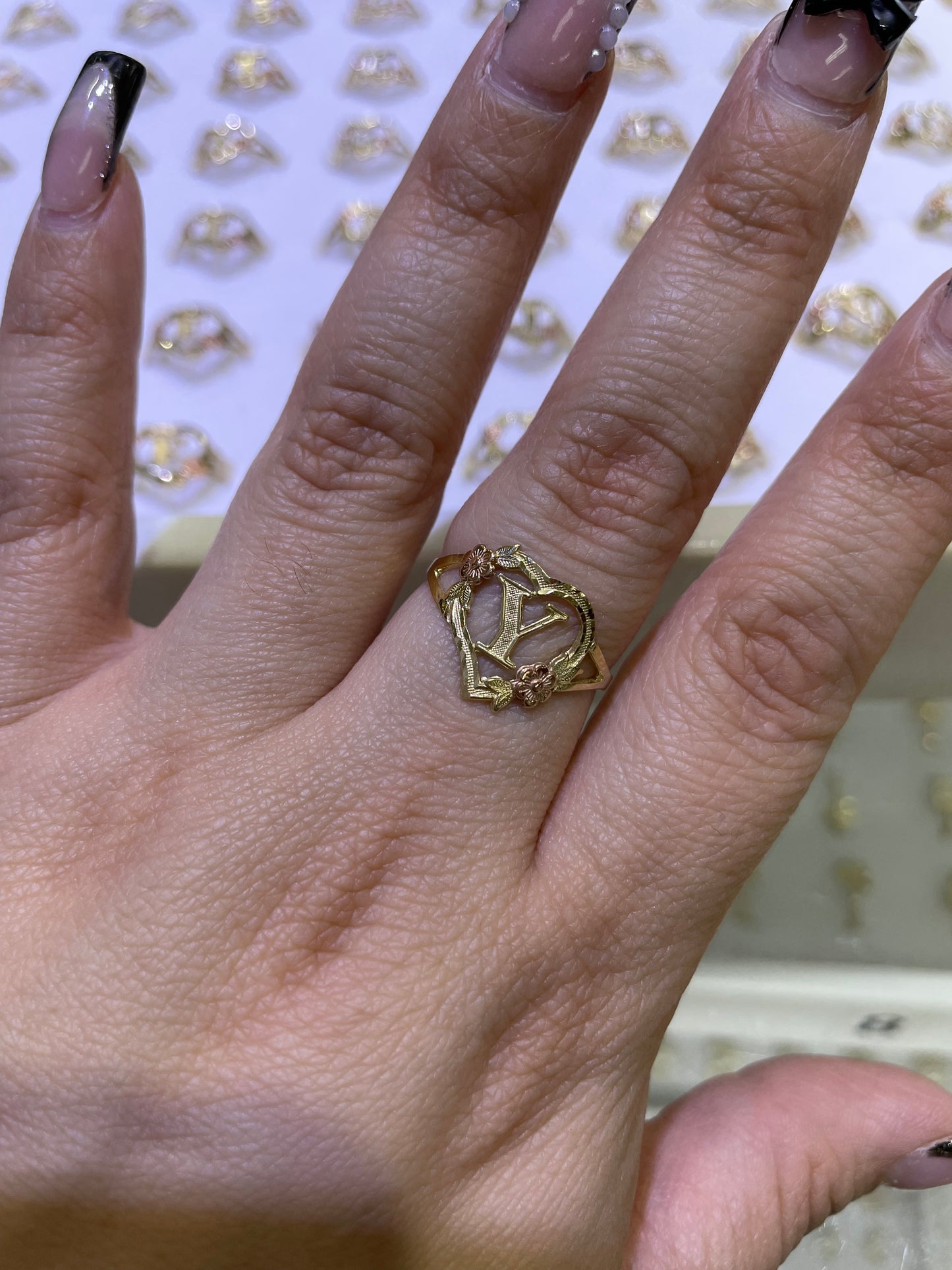 14k gold heart initial ring a-z