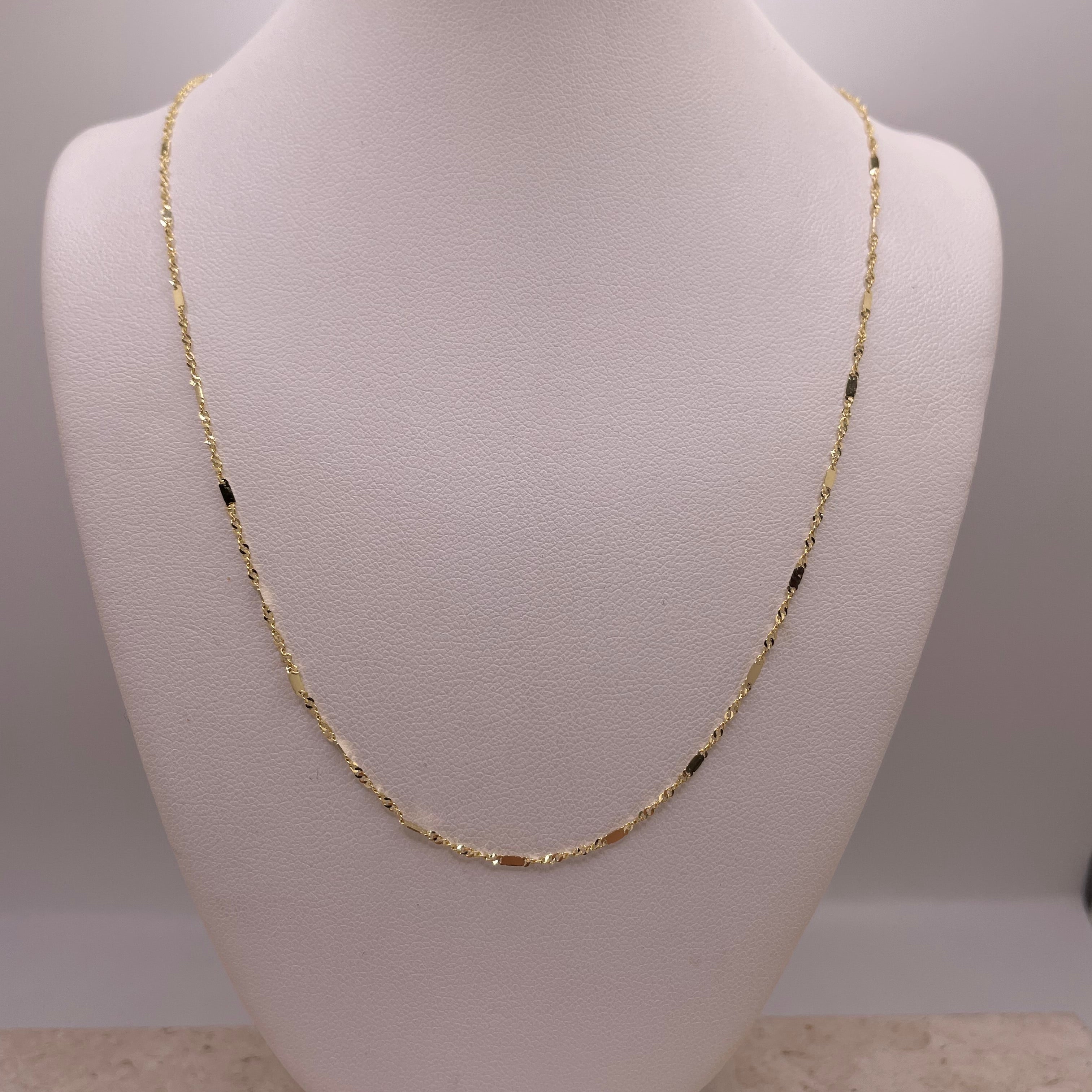 14k gold 1.3mm singapore stamp bar chain necklace (0480)