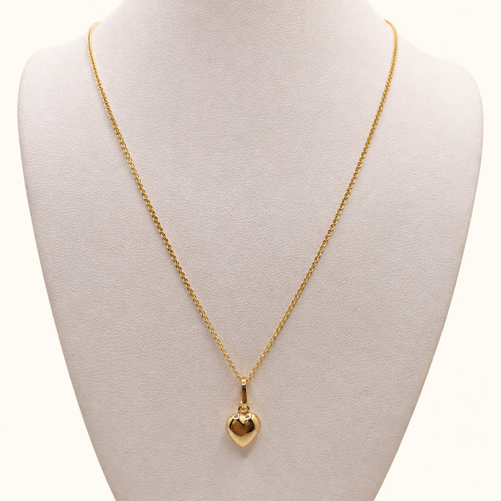 Puffy Love + Open Wheat Chain – 14K Gold Heart Necklace Set