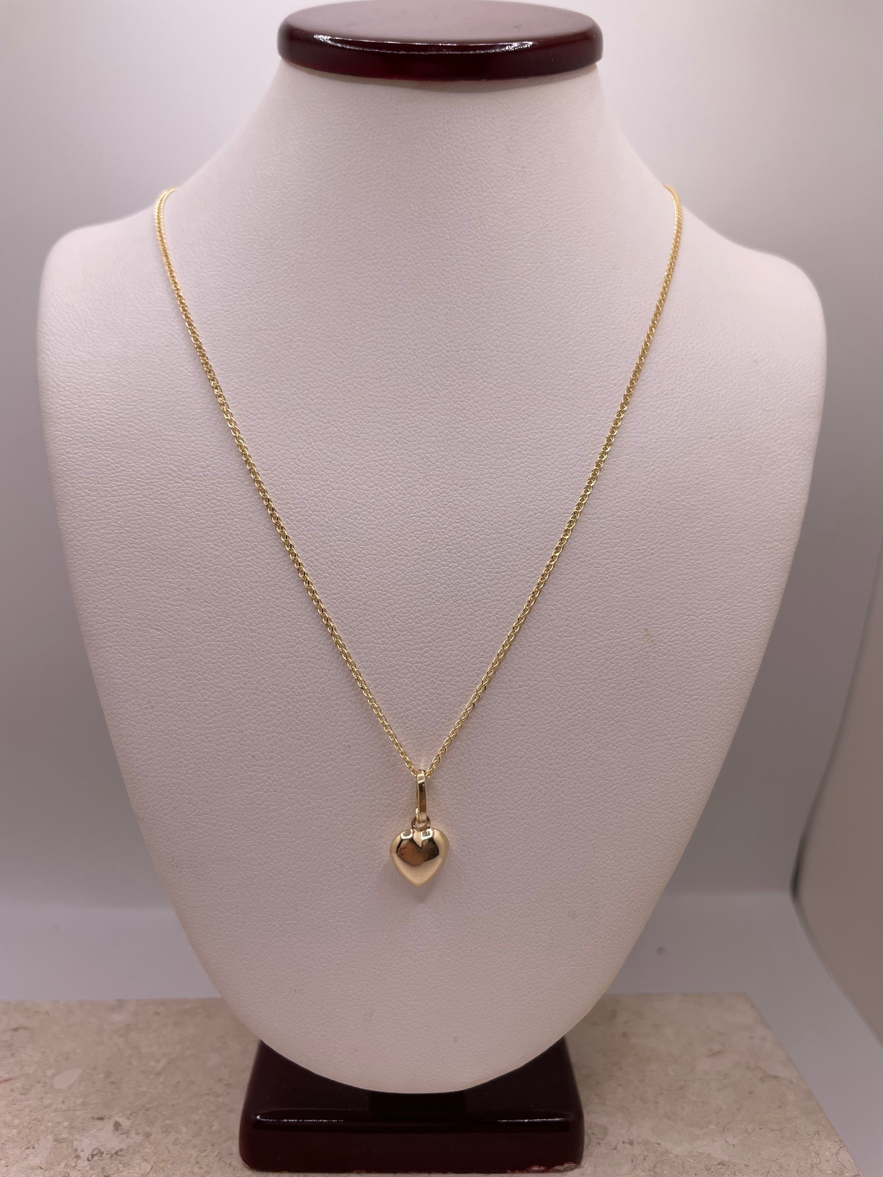 14k gold 3d heart pendant & flat open wheat chain set
