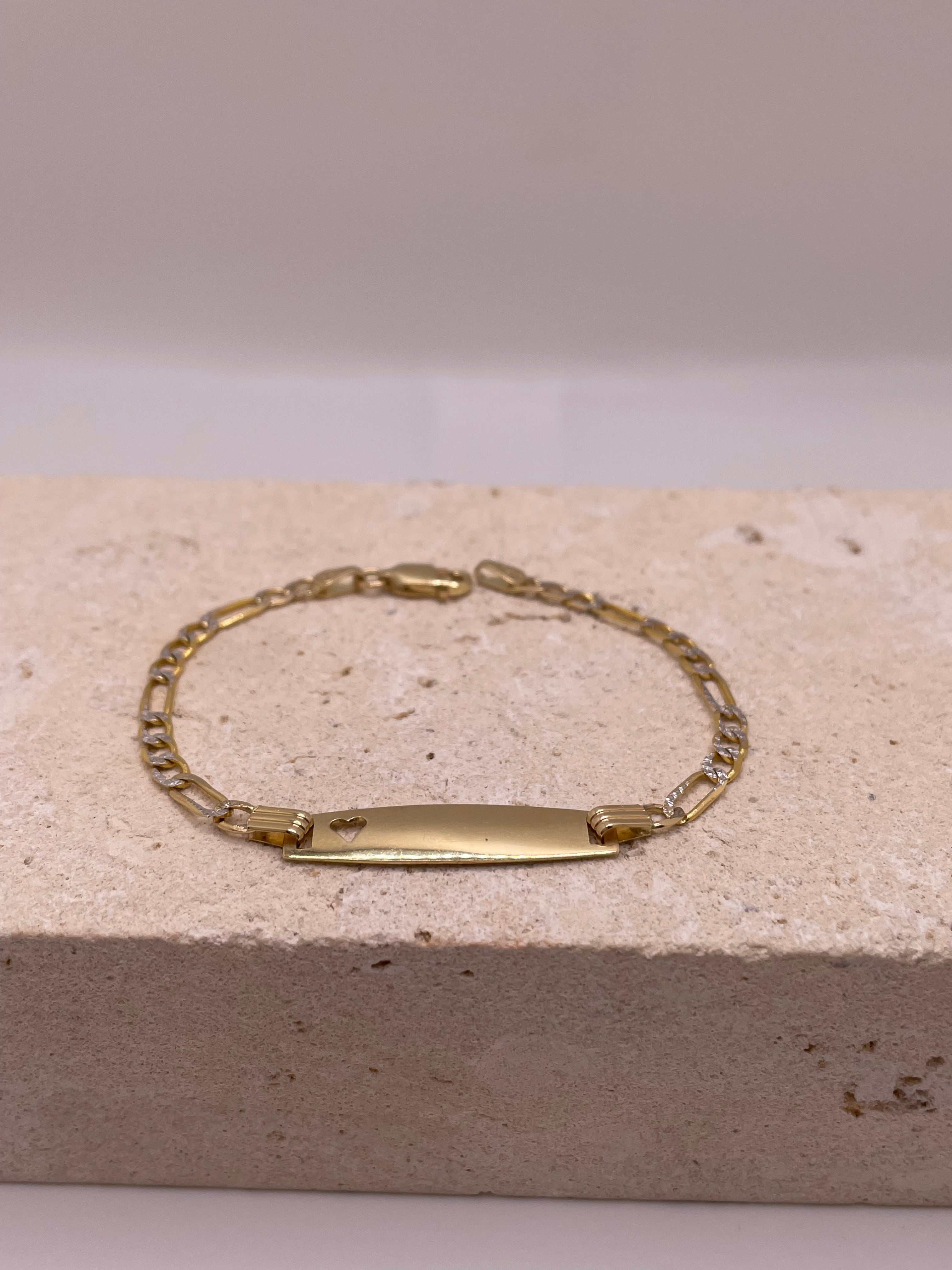 14k gold diamond cut figaro baby id bracelet with heart cut-out (87)