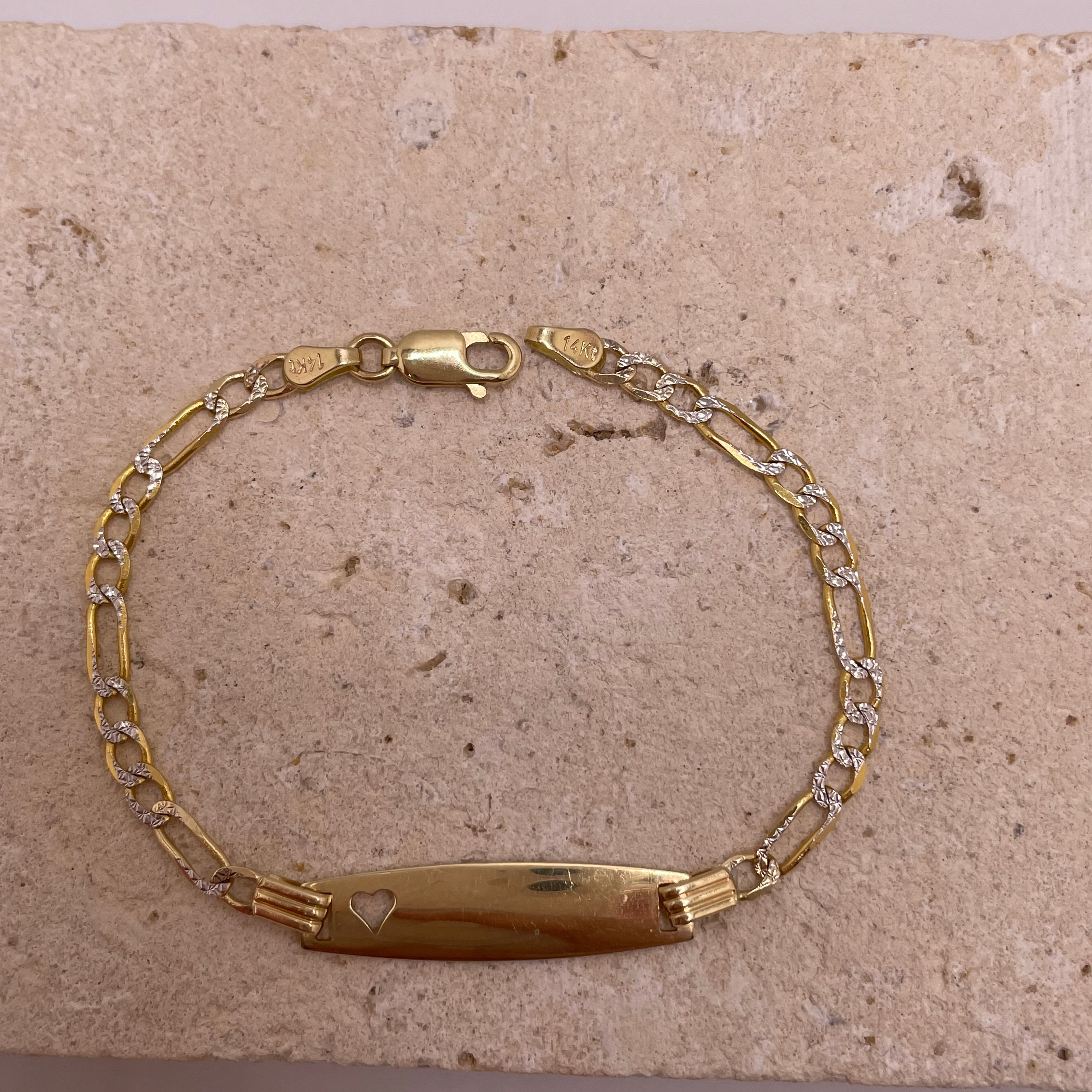 14k gold diamond cut figaro baby id bracelet with heart cut-out (87)