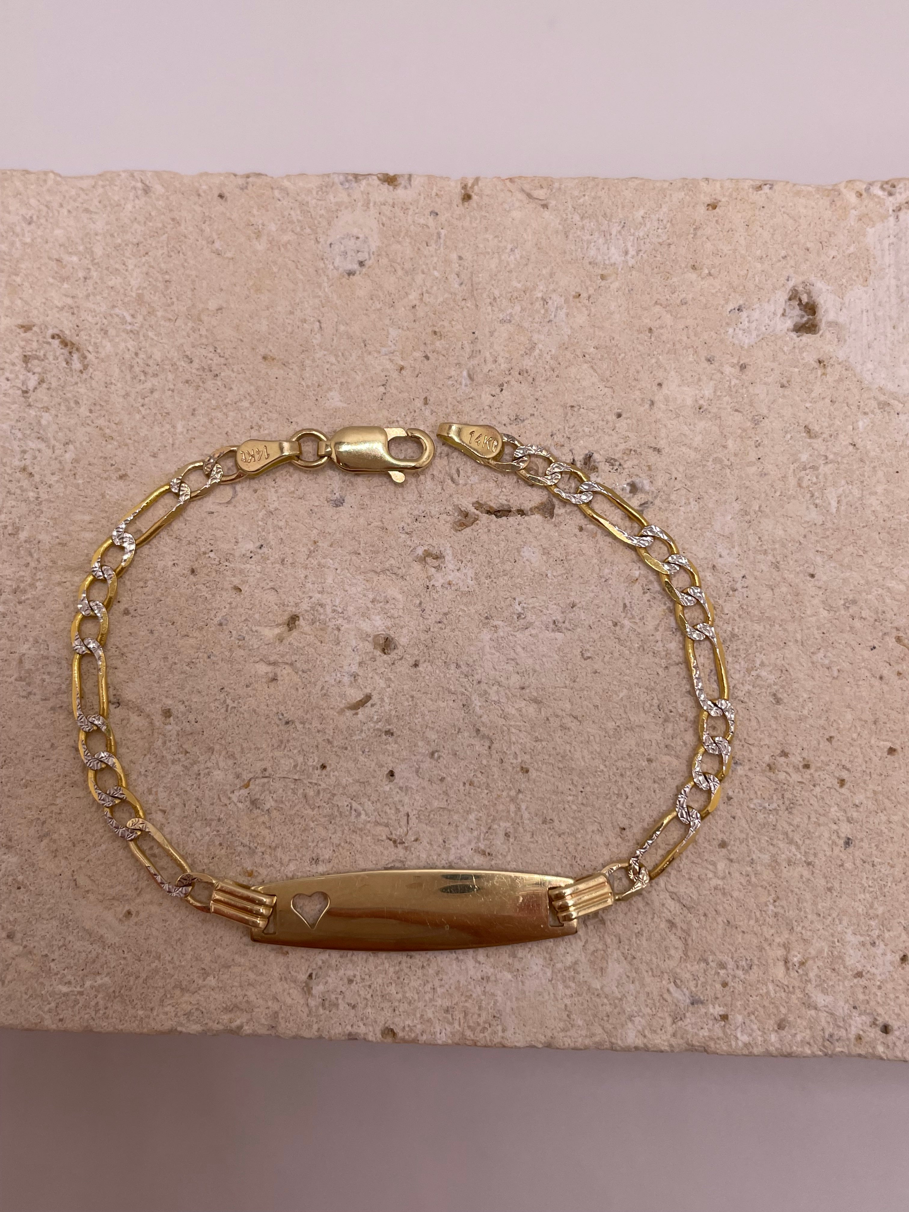 14k gold diamond cut figaro baby id bracelet with heart cut-out (87)