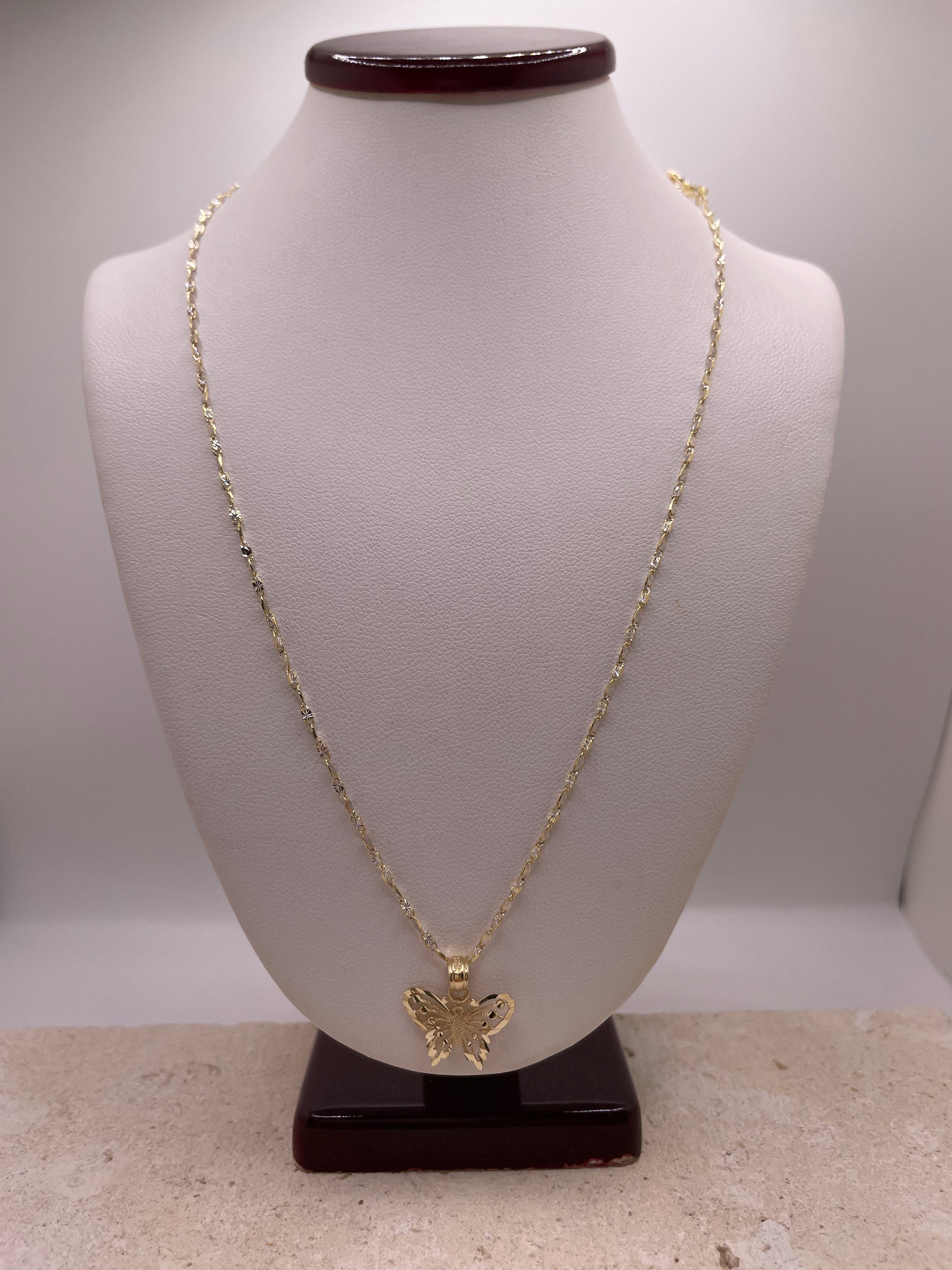 14k gold diamond-cut singapore chain & open butterfly pendant set