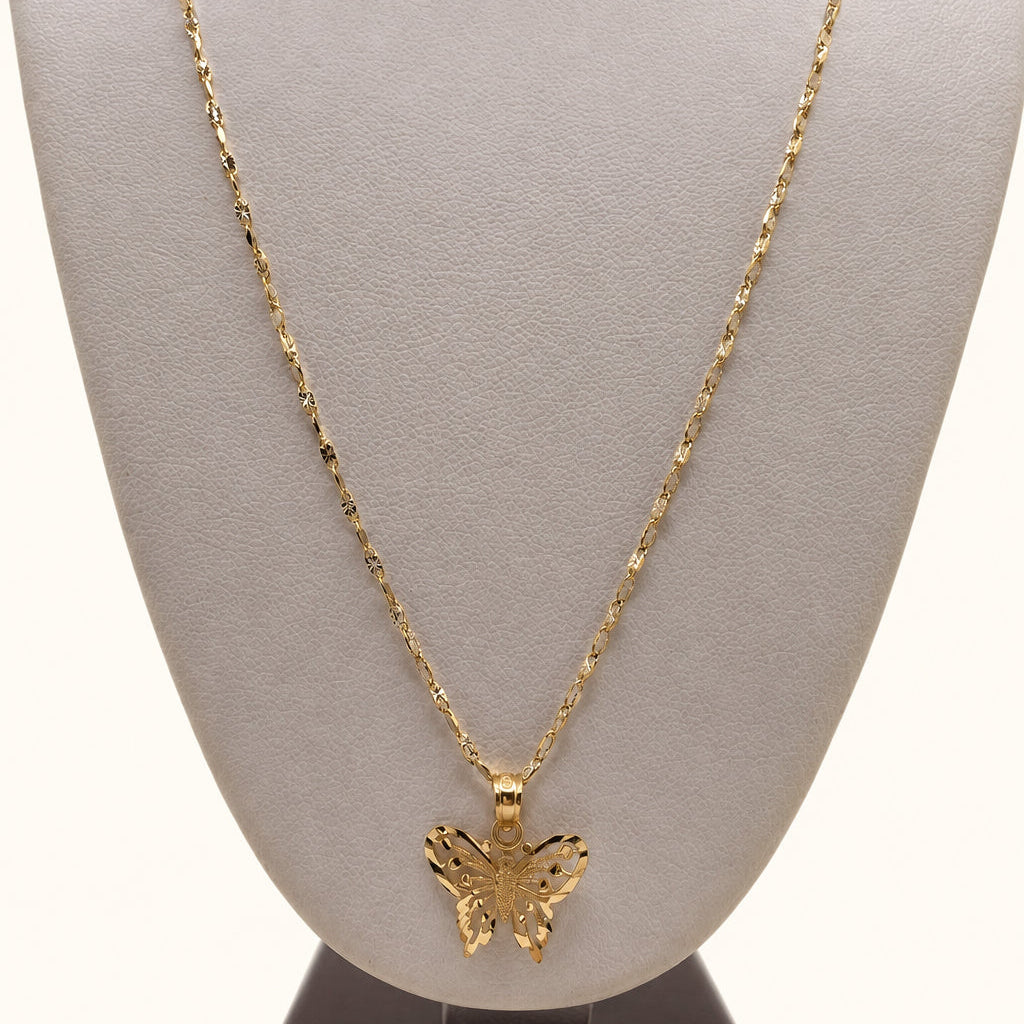 Conjunto de cadena Singapur con corte de diamante en oro de 14 quilates y colgante de mariposa abierto.