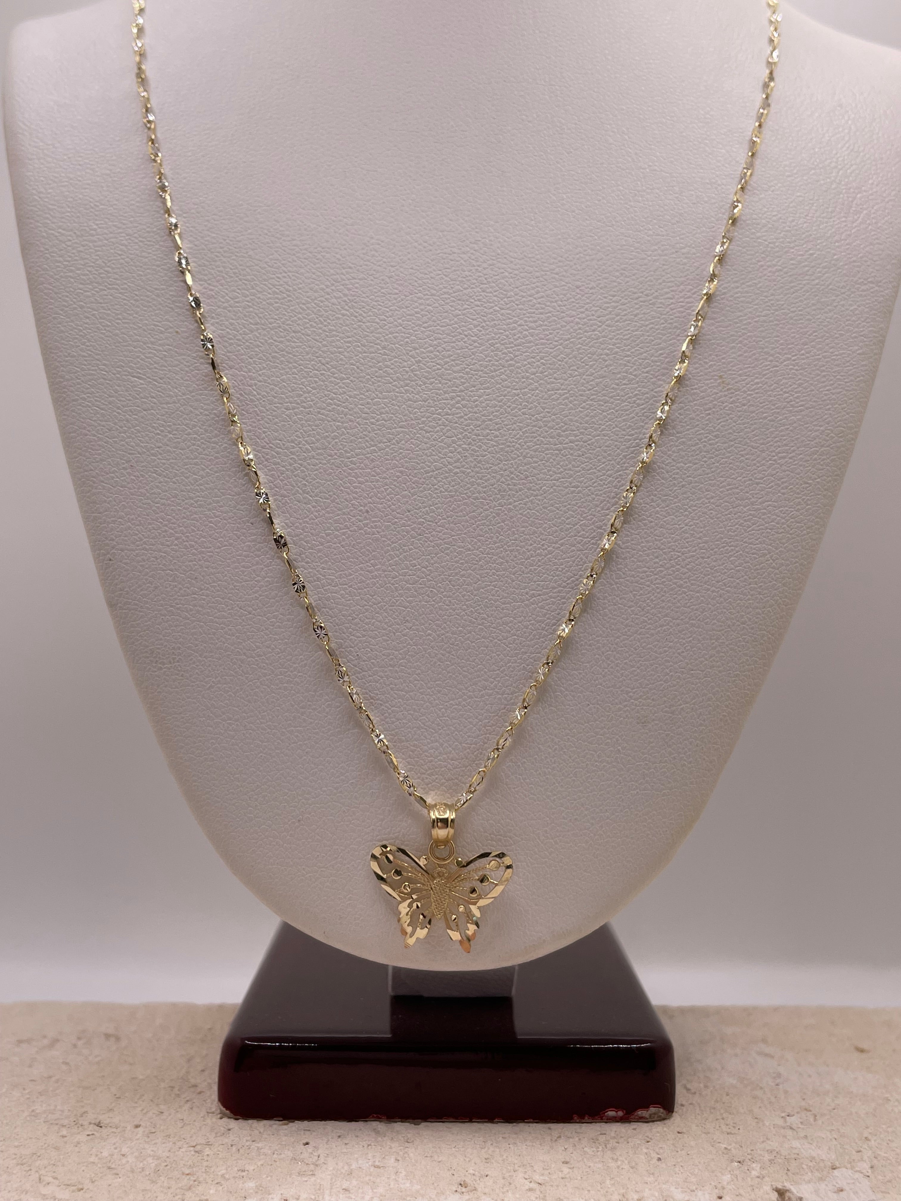 14k gold diamond-cut singapore chain & open butterfly pendant set