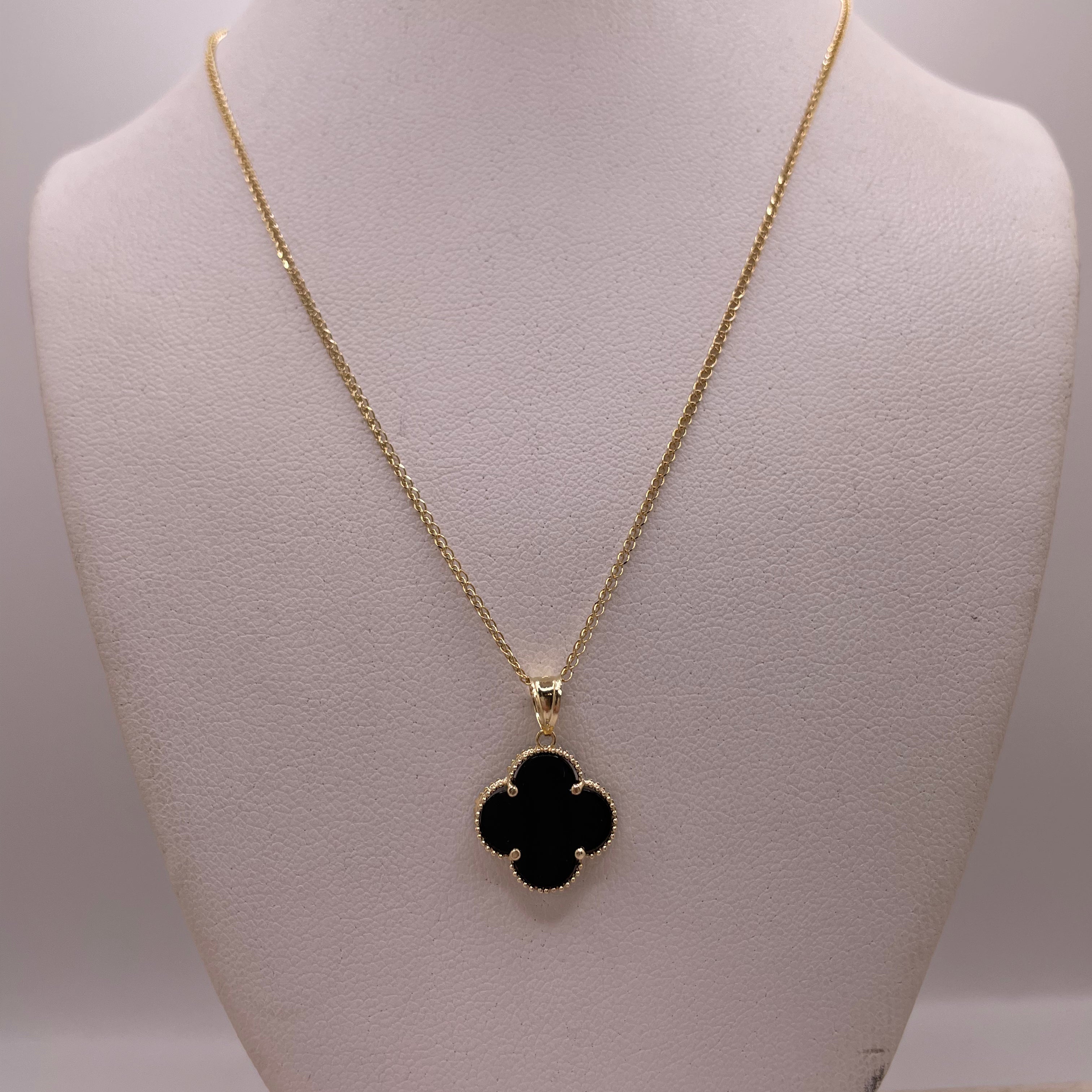 14k gold open wheat chain with black clover trebol pendant