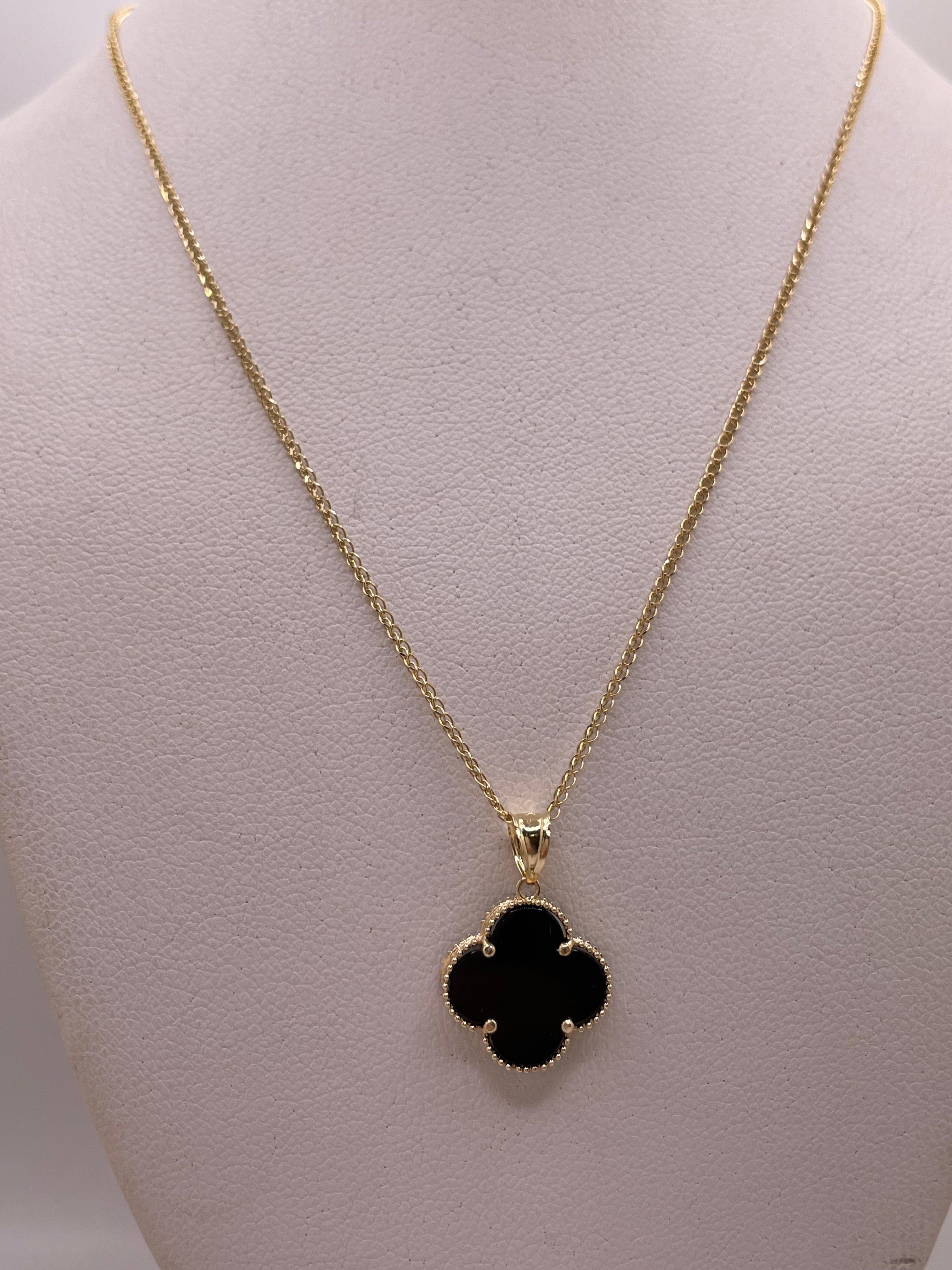 14k gold open wheat chain with black clover trebol pendant