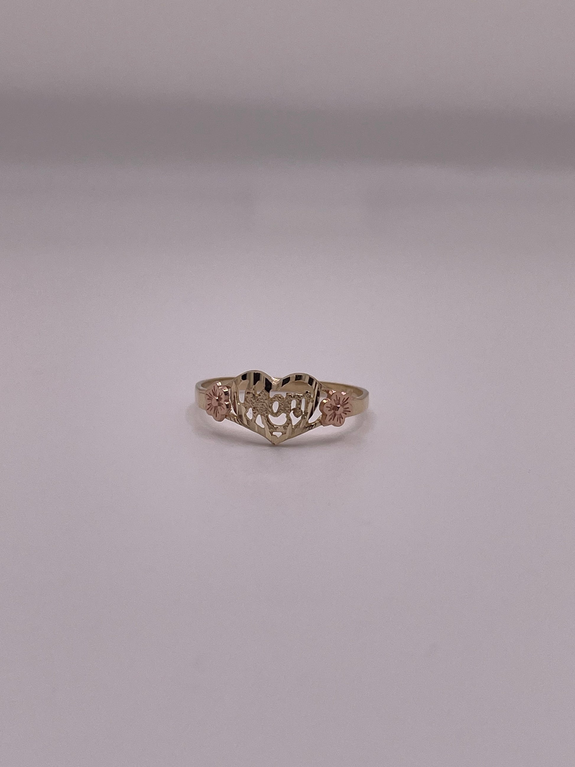 Anillo de oro macizo de 14 quilates con forma de corazón y flor "Mamá"