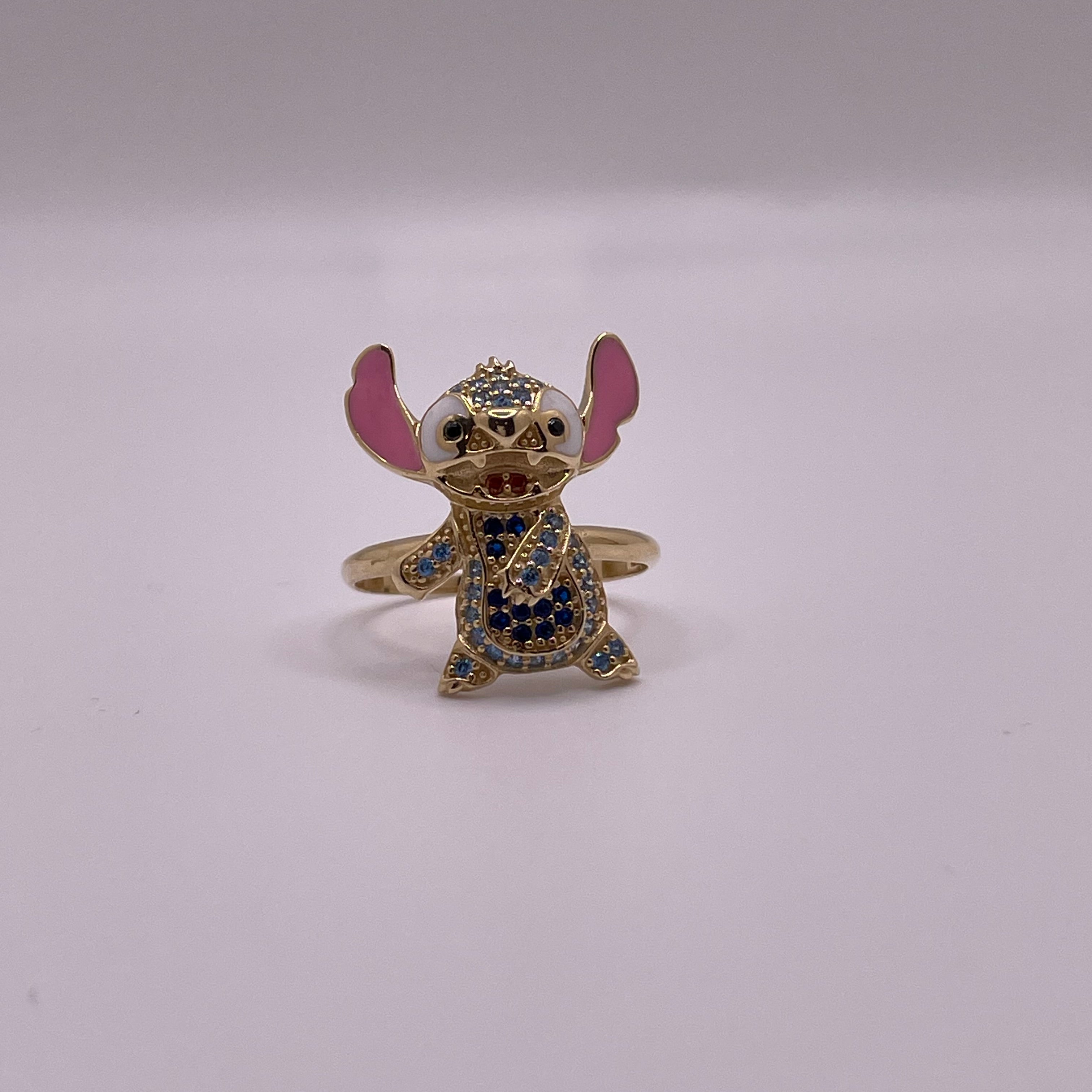 14K Gold Stitch Ring with CZ & Enamel Details