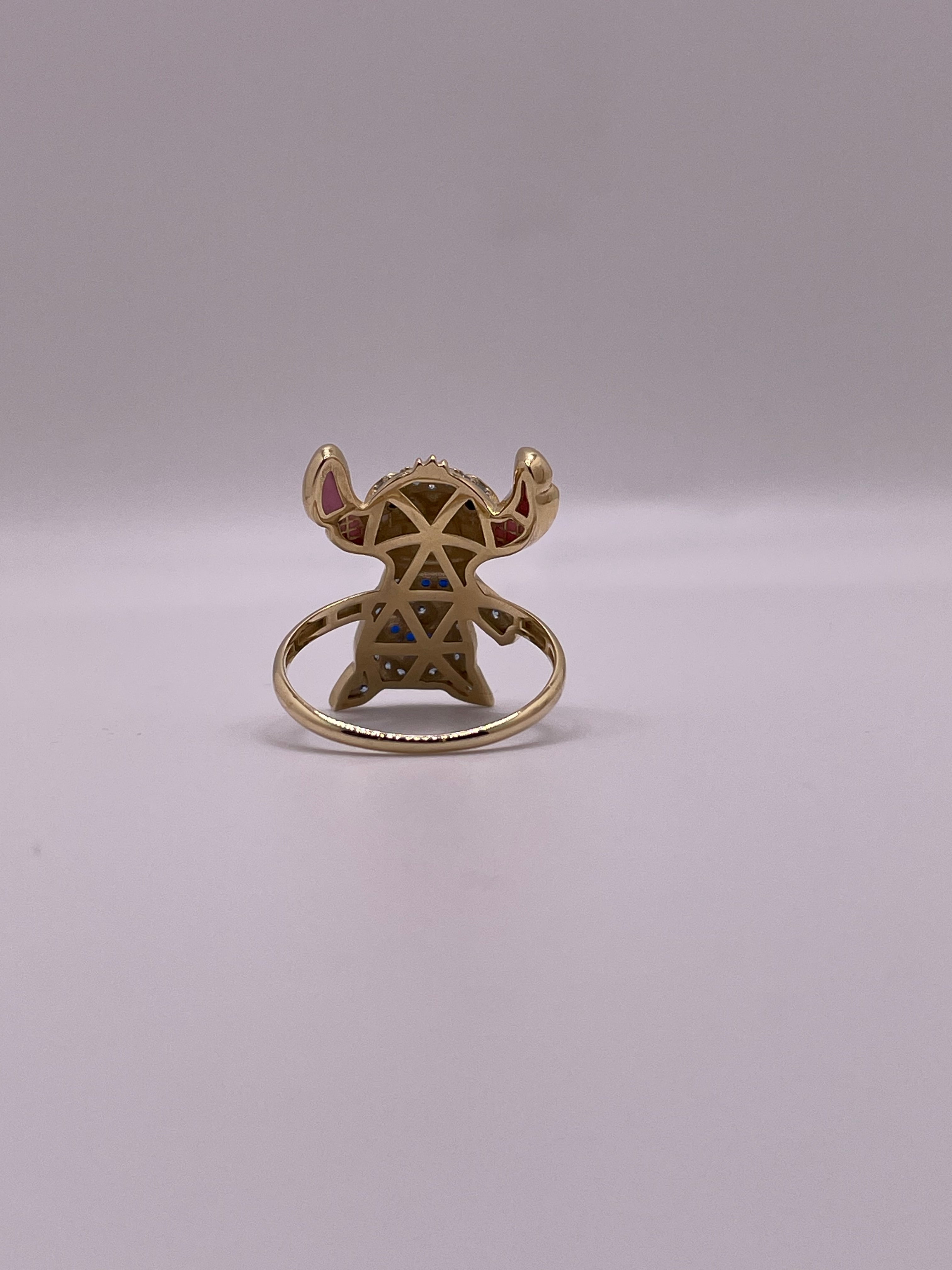 14K Gold Stitch Ring with CZ & Enamel Details