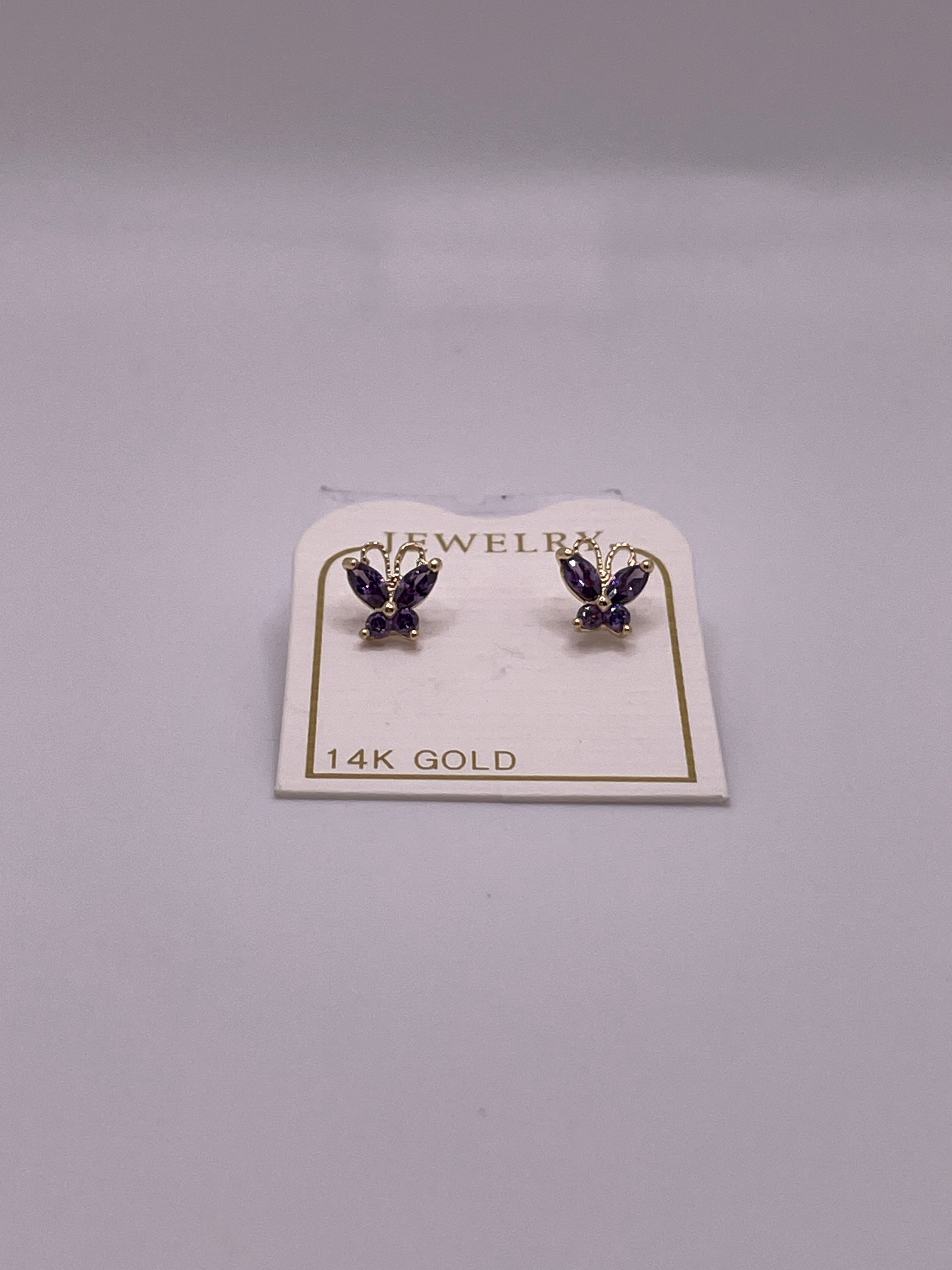 14K gold butterfly screw back earrings with purple CZ stones – secure screw back closure, dainty everyday stud