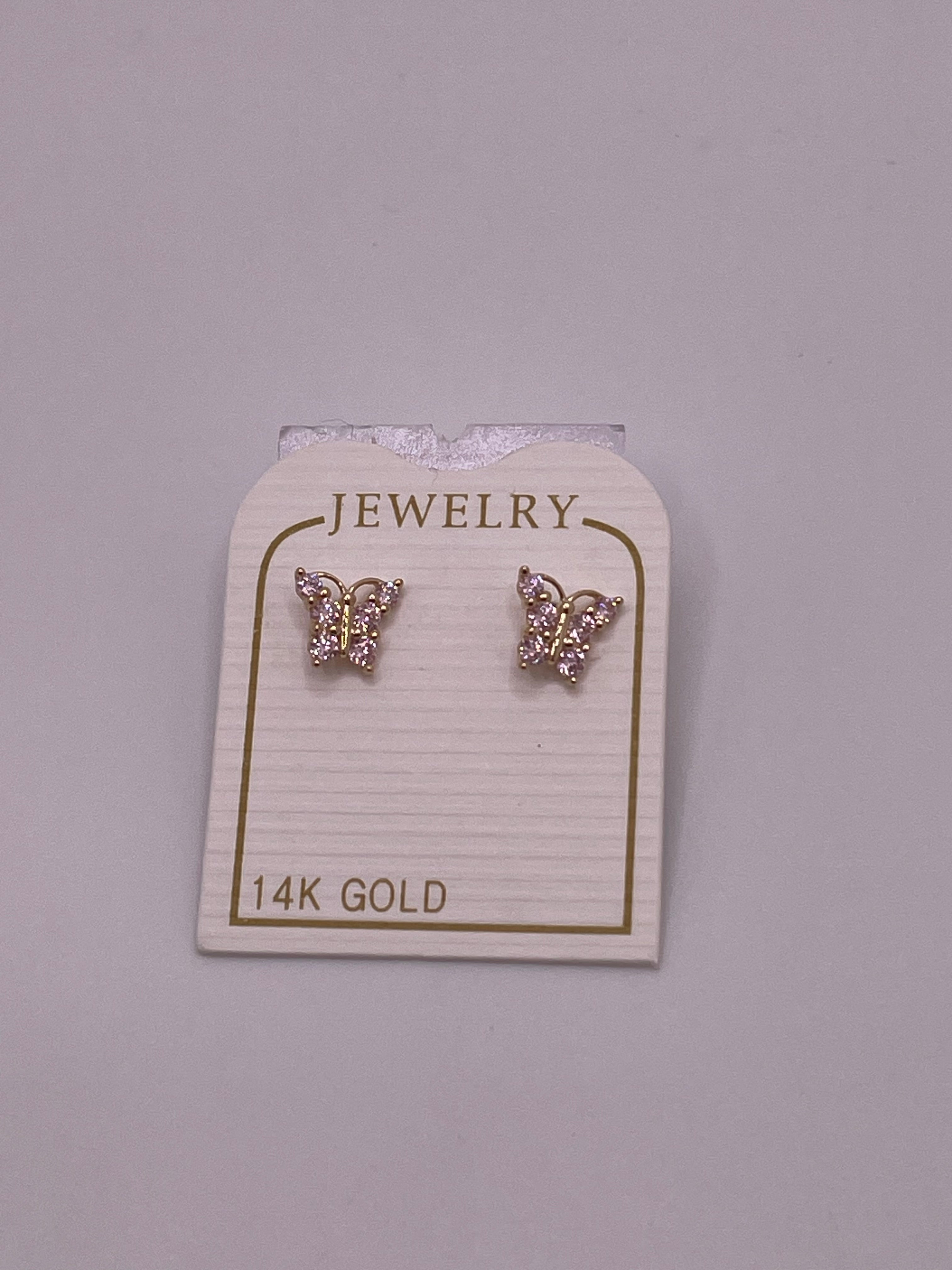 14K gold butterfly screw back earrings with pink CZ stones – secure screw back closure, dainty everyday stud
