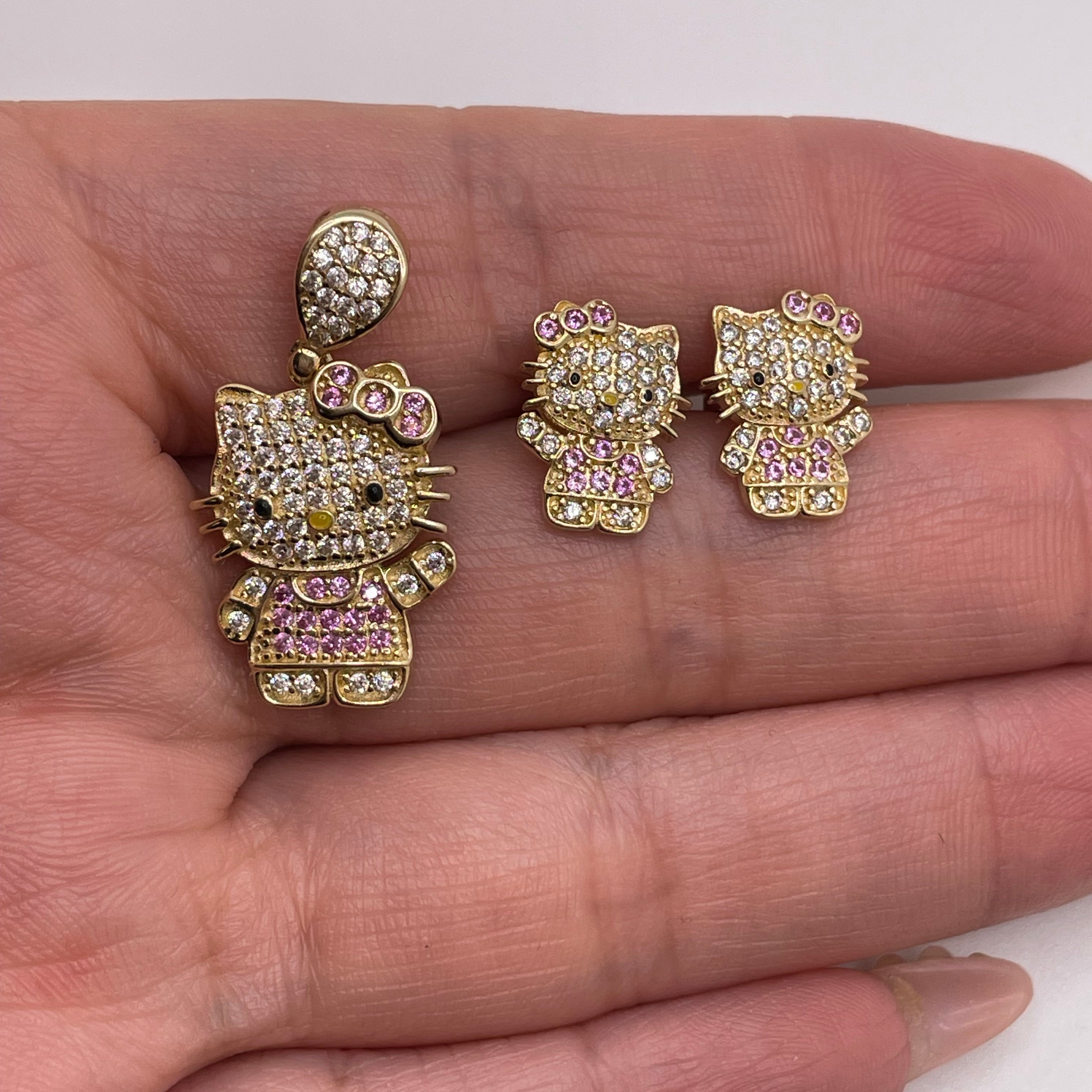 14K Hello Kitty Pendant & Earrings Set with Pink & White CZs