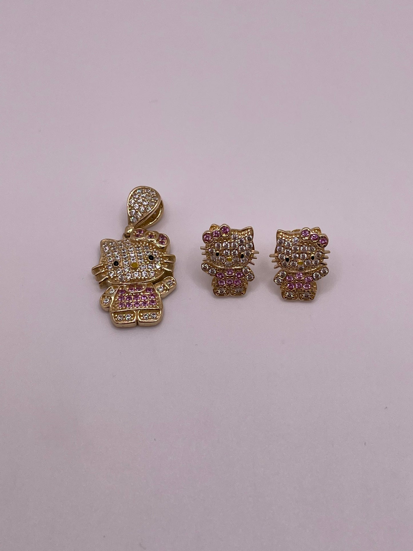 14K Hello Kitty Pendant & Earrings Set with Pink & White CZs