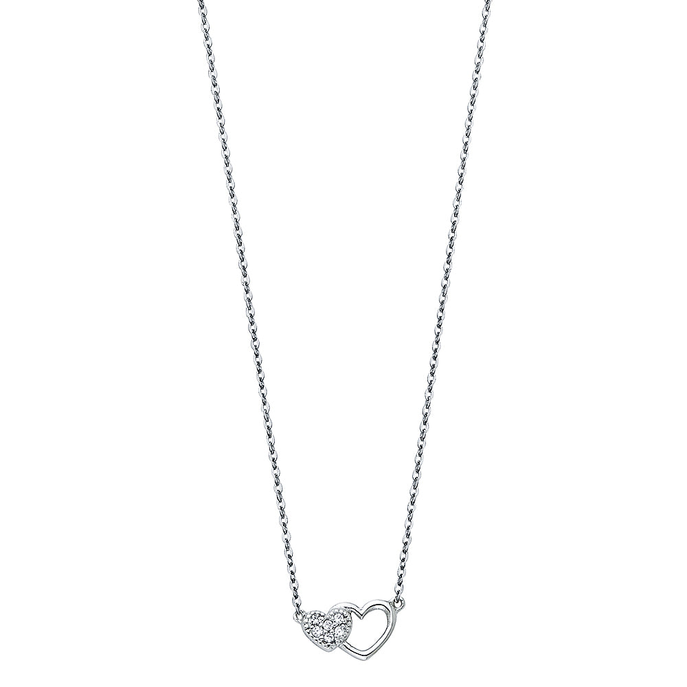 14K white gold double heart necklace with sparkling CZ accents on a 17+1 inch chain — dainty everyday jewelry or romantic gift.