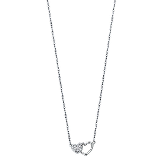 14K white gold double heart necklace with sparkling CZ accents on a 17+1 inch chain — dainty everyday jewelry or romantic gift.