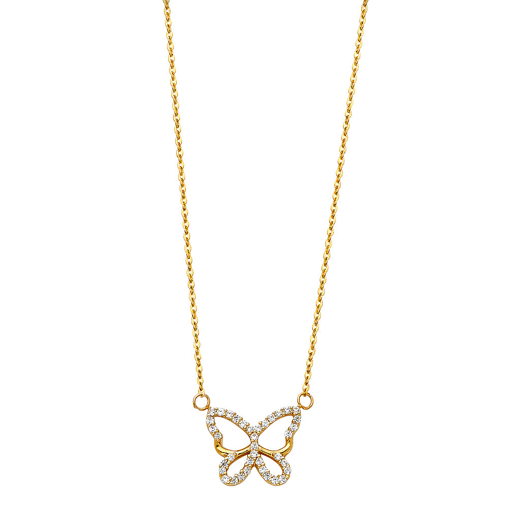 14K Gold Butterfly Necklace with CZ Accents – Adjustable 17+1"