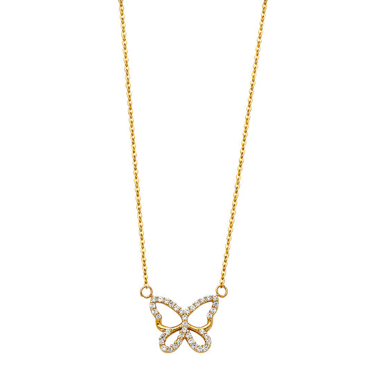 14K Gold Butterfly Necklace with CZ Accents – Adjustable 17+1"