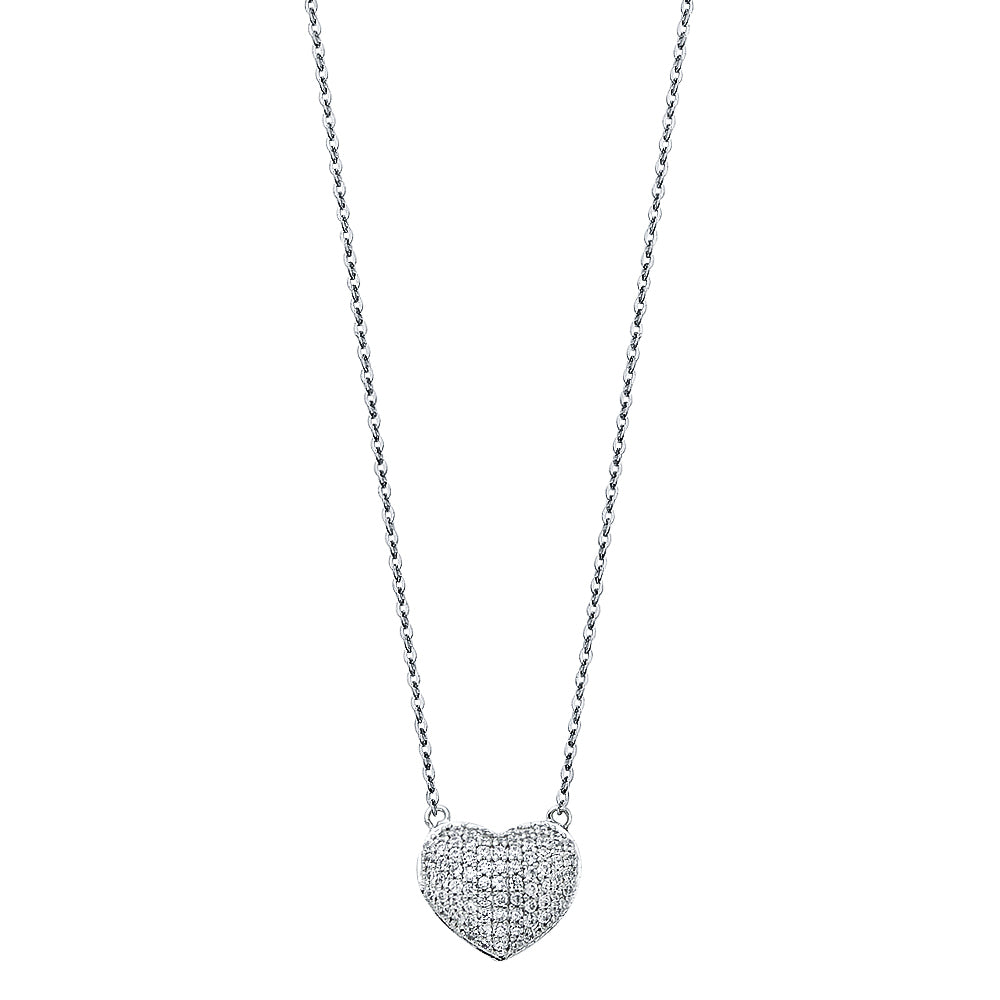 14K white gold pave heart necklace with CZ stones on 17+1 inch chain