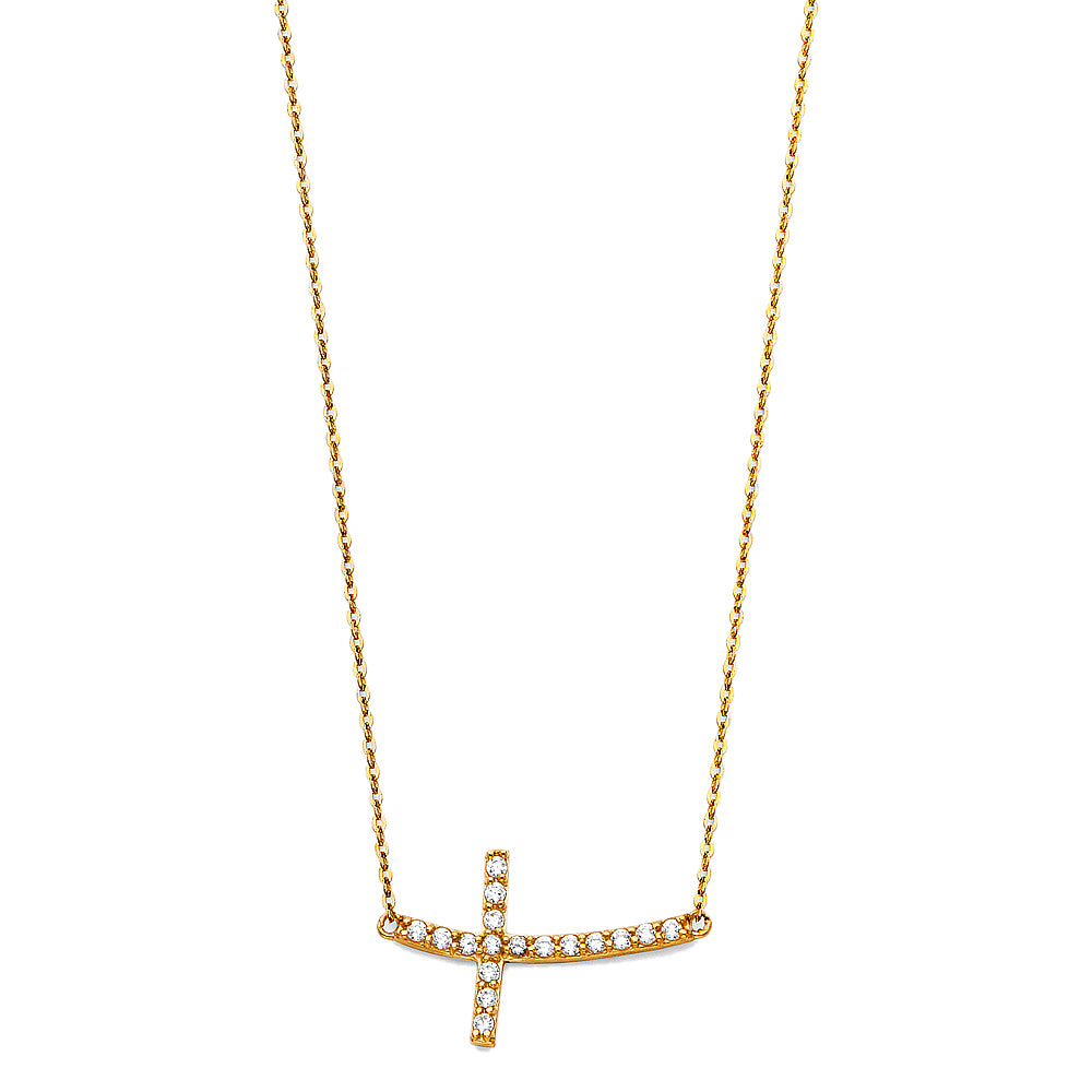 14K Gold CZ Side Cross Necklace