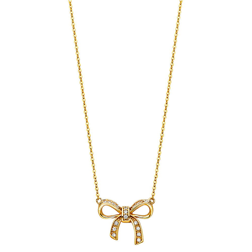 14k gold bow cz necklace