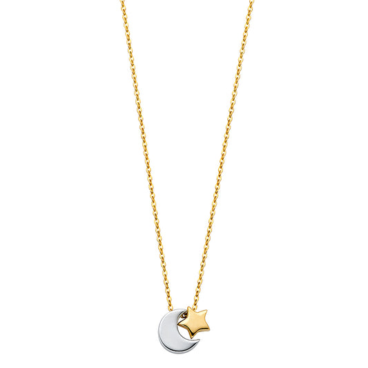 14K two-tone gold moon and star necklace on 17+1 inch chain