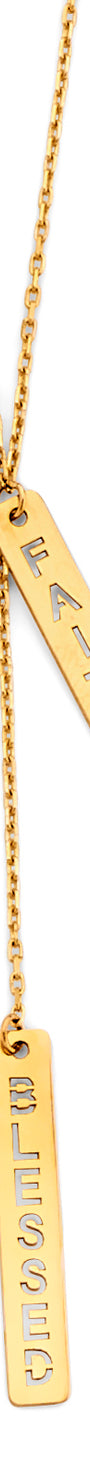 14K yellow gold Faith & Blessed bar necklace with two vertical pendants on 17+1 inch chain