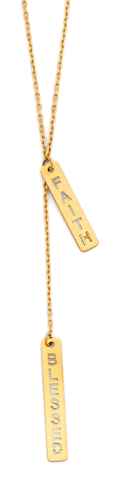 14K yellow gold Faith & Blessed bar necklace with two vertical pendants on 17+1 inch chain