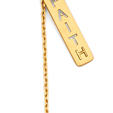 14K yellow gold Faith & Blessed bar necklace with two vertical pendants on 17+1 inch chain