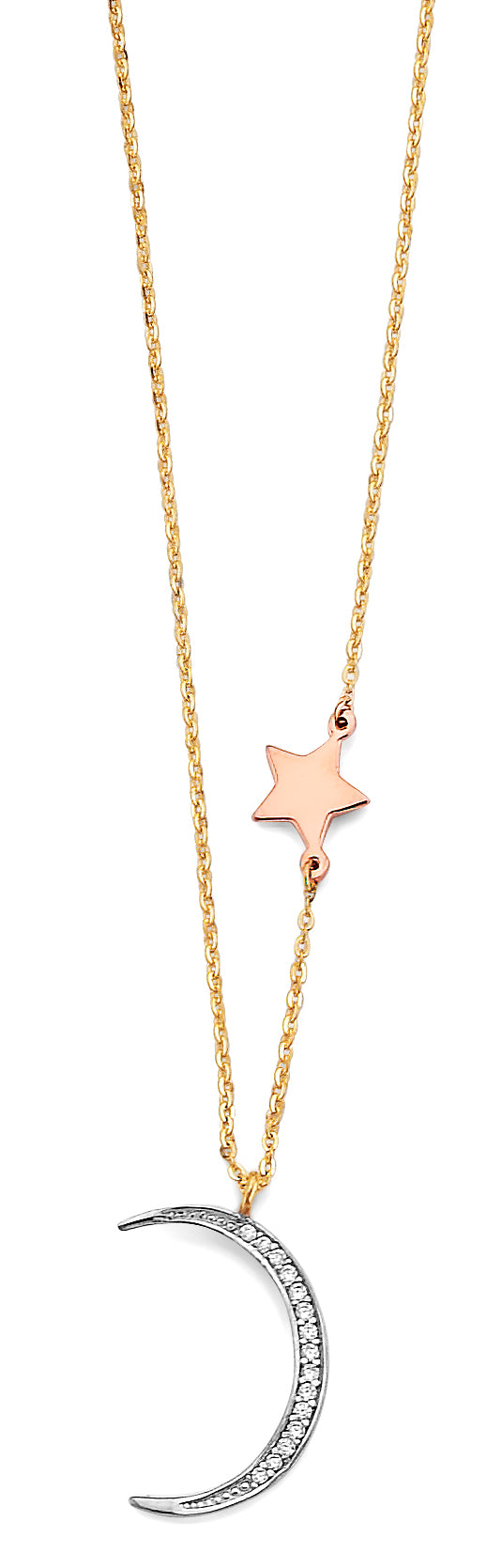 14K tri-color gold moon and star necklace with CZ stones on 17+1 inch chain