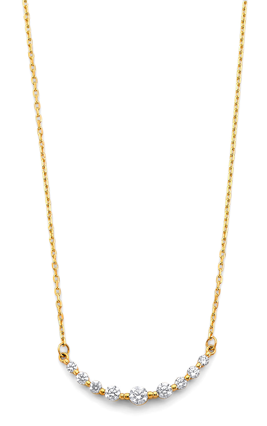 14K yellow gold curved bar necklace with graduated round CZ stones on 17+1 inch chain