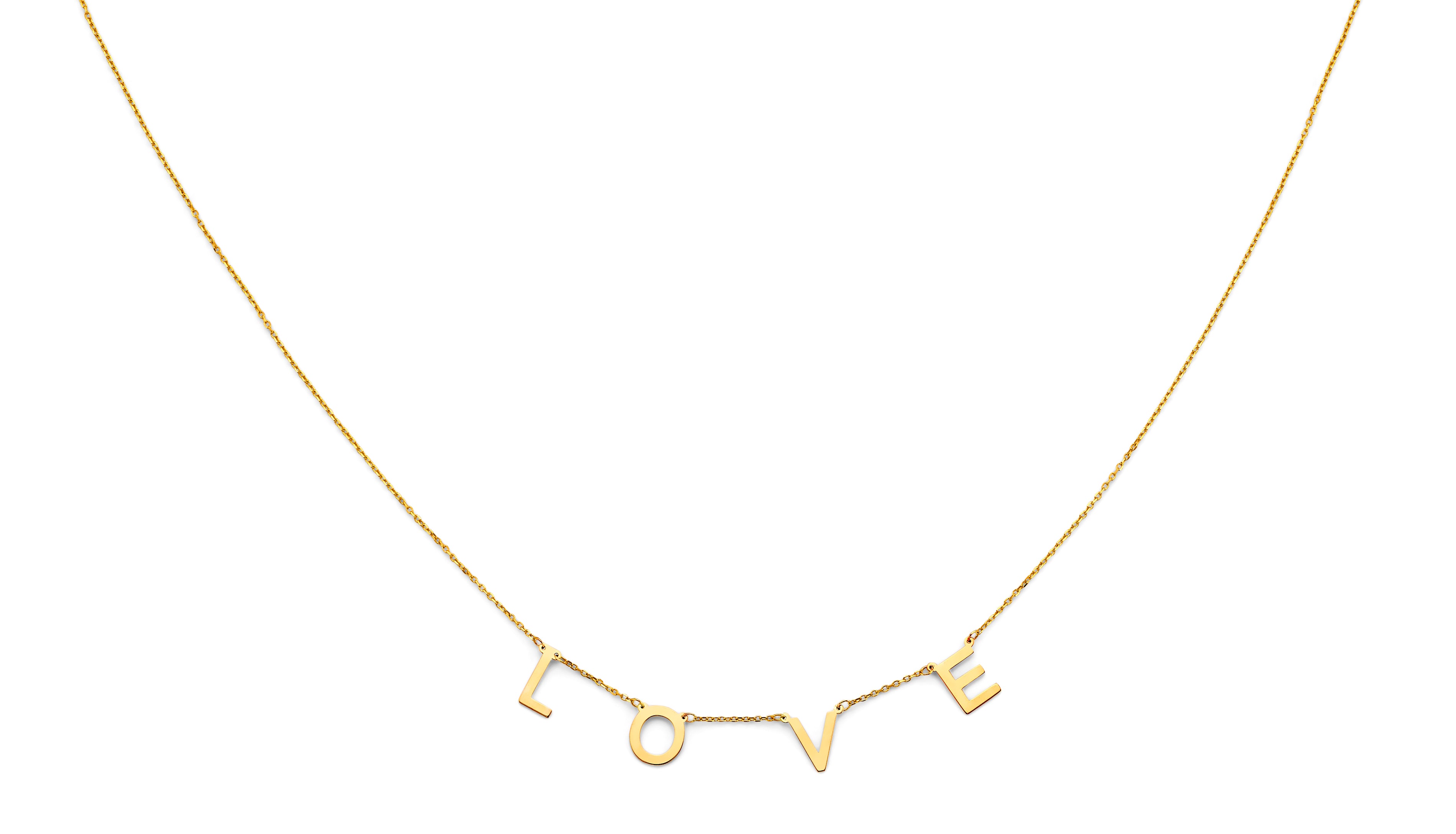 14K yellow gold L-O-V-E necklace with letters spaced along a 17+1 inch chain