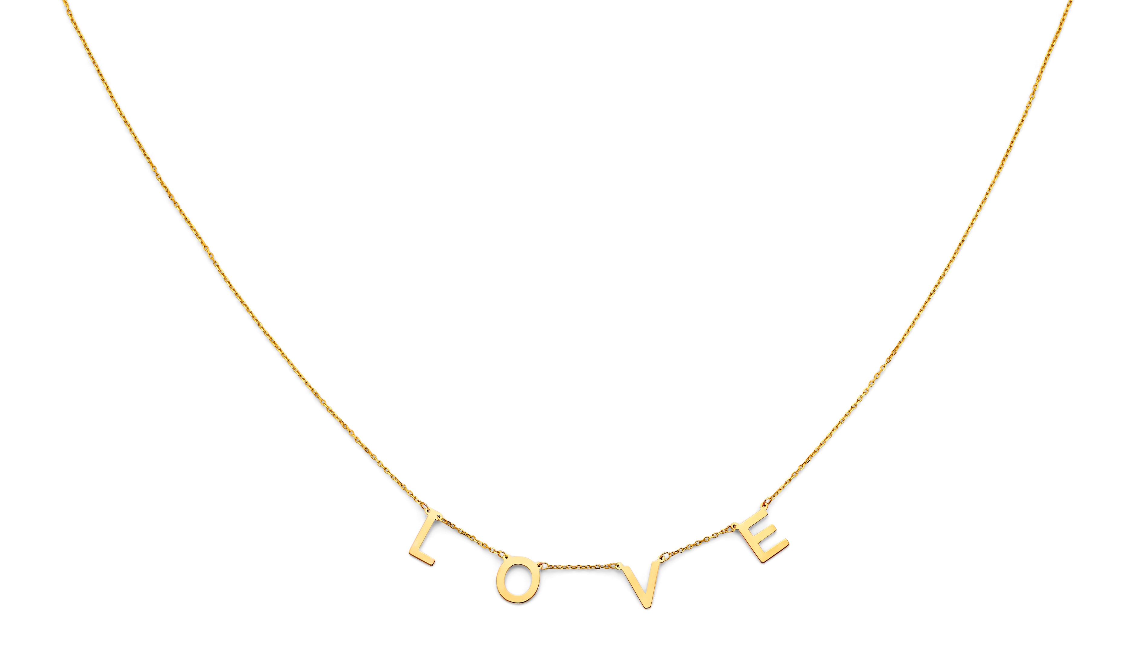 14K yellow gold L-O-V-E necklace with letters spaced along a 17+1 inch chain