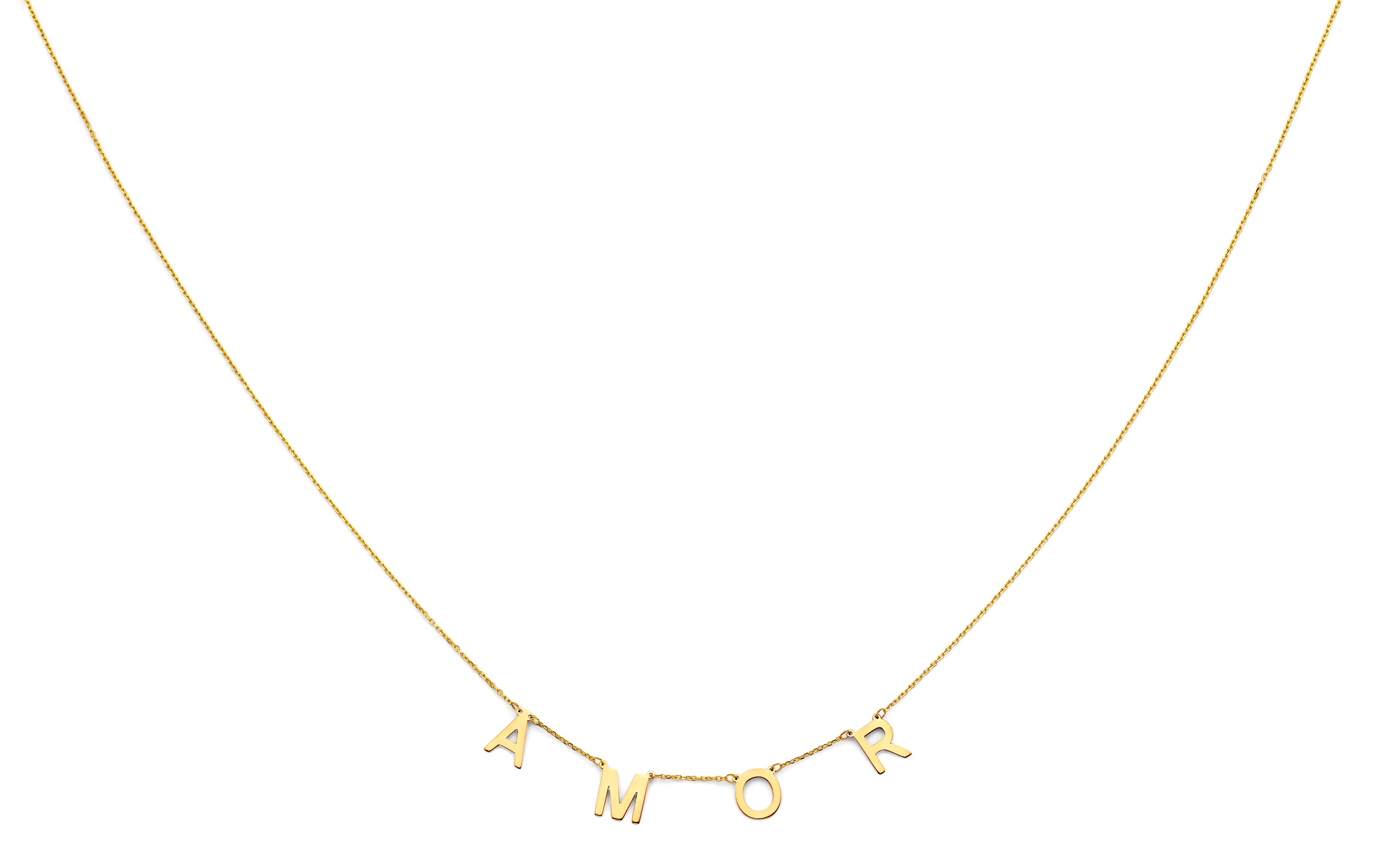 14K yellow gold AMOR necklace with block letter pendant design on 17+1 inch chain