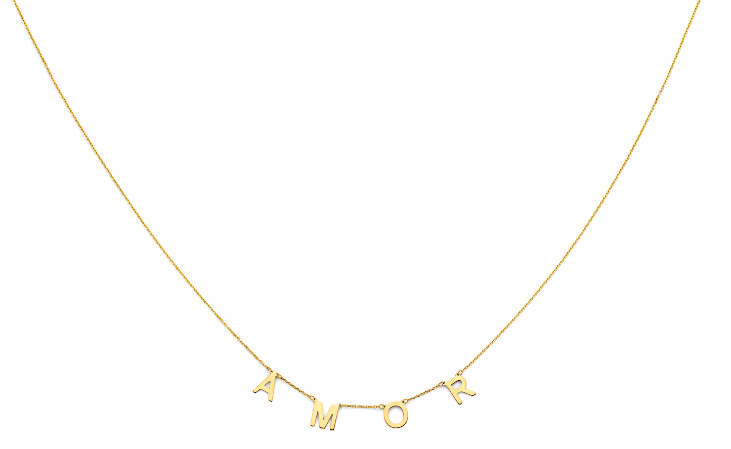 14K yellow gold AMOR necklace with block letter pendant design on 17+1 inch chain