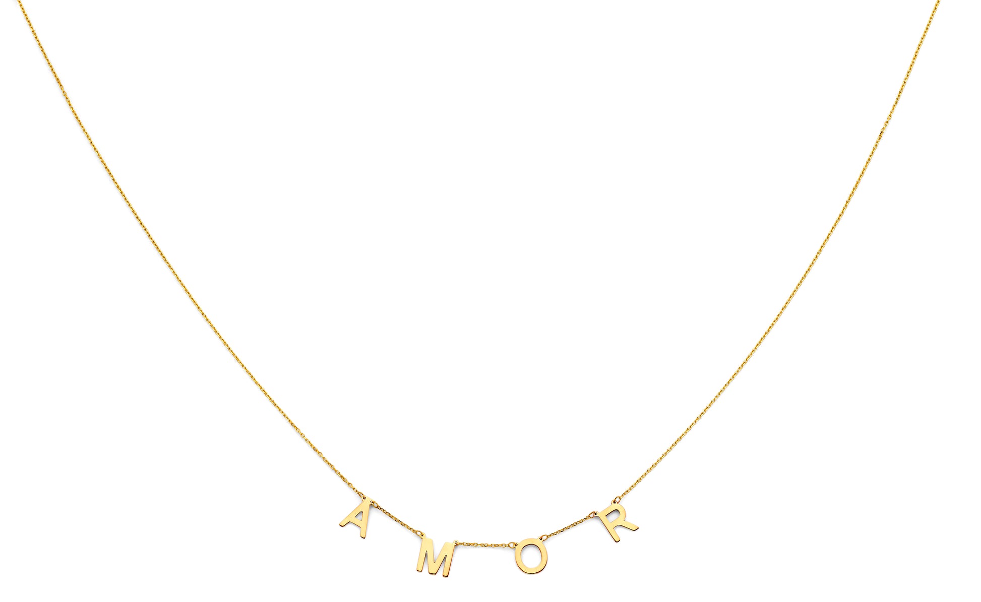 14K yellow gold AMOR necklace with block letter pendant design on 17+1 inch chain