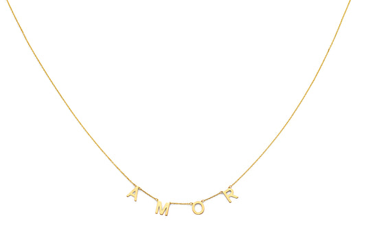 14K yellow gold AMOR necklace with block letter pendant design on 17+1 inch chain