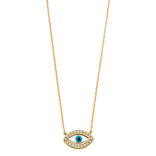 14K Solid Gold Almond Shaped Evil Eye CZ Pendant Necklace 17+1'
