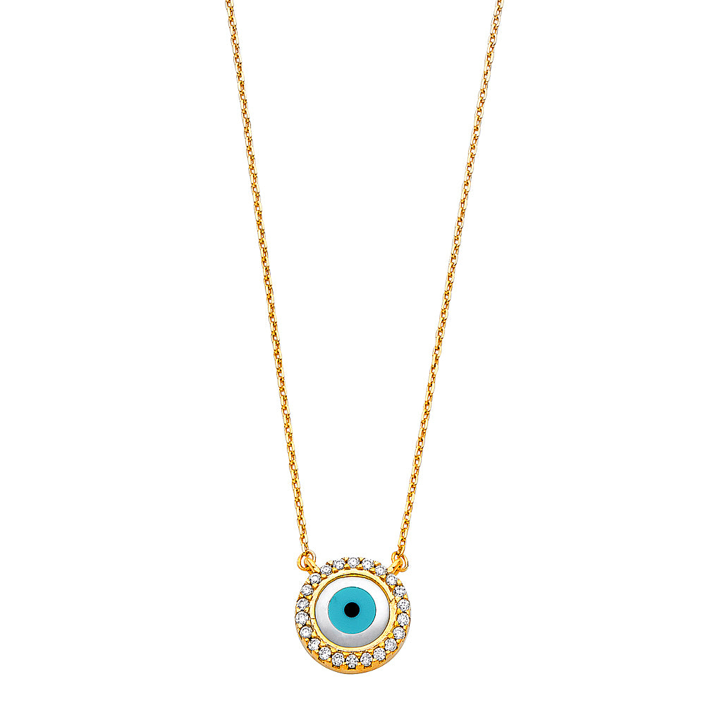 14k solid gold round evil eye cz pendant necklace 17+1'