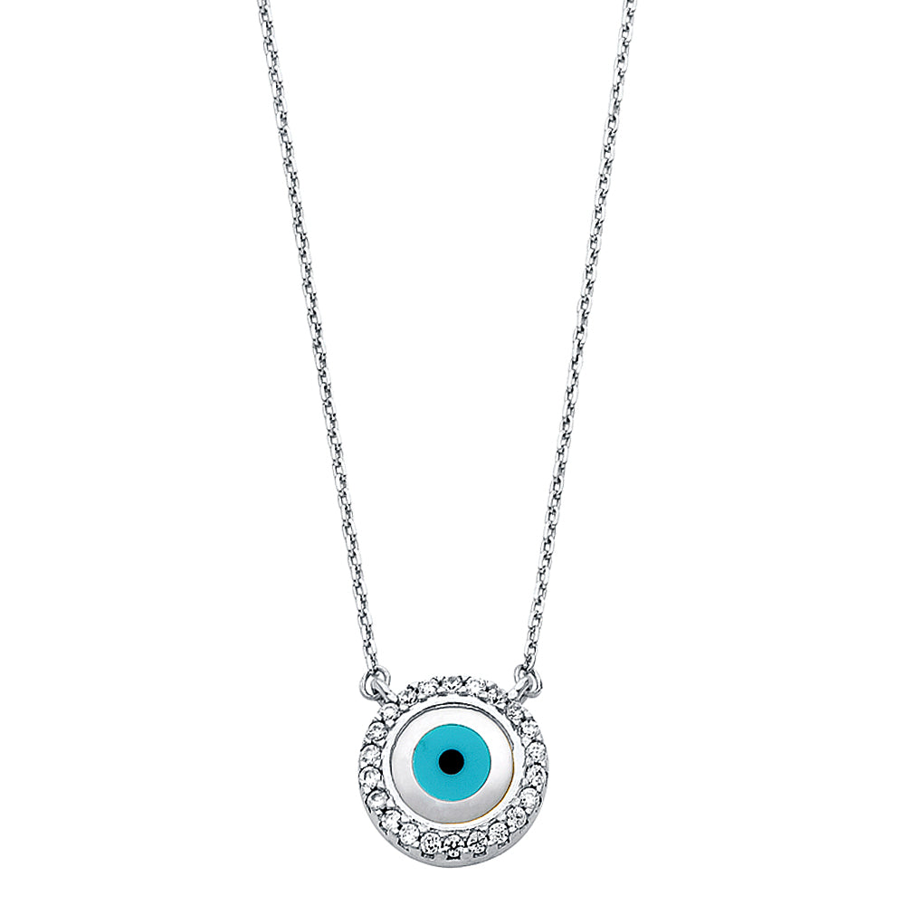 14k solid gold round evil eye cz pendant necklace 17+1'