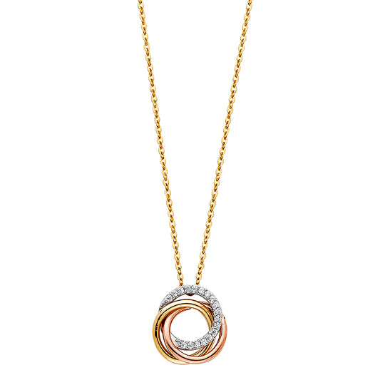 14K Solid Gold Tri Color Love Knot Eternity CZ Necklace 17 + 1'