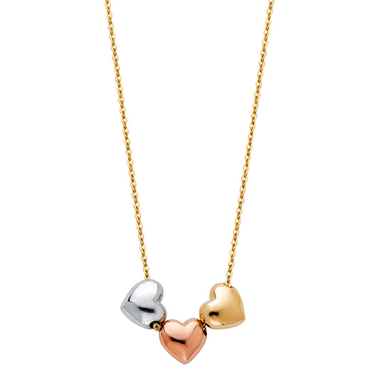 14K Solid Gold Tri Color Hearts Charms Necklace 17+1'