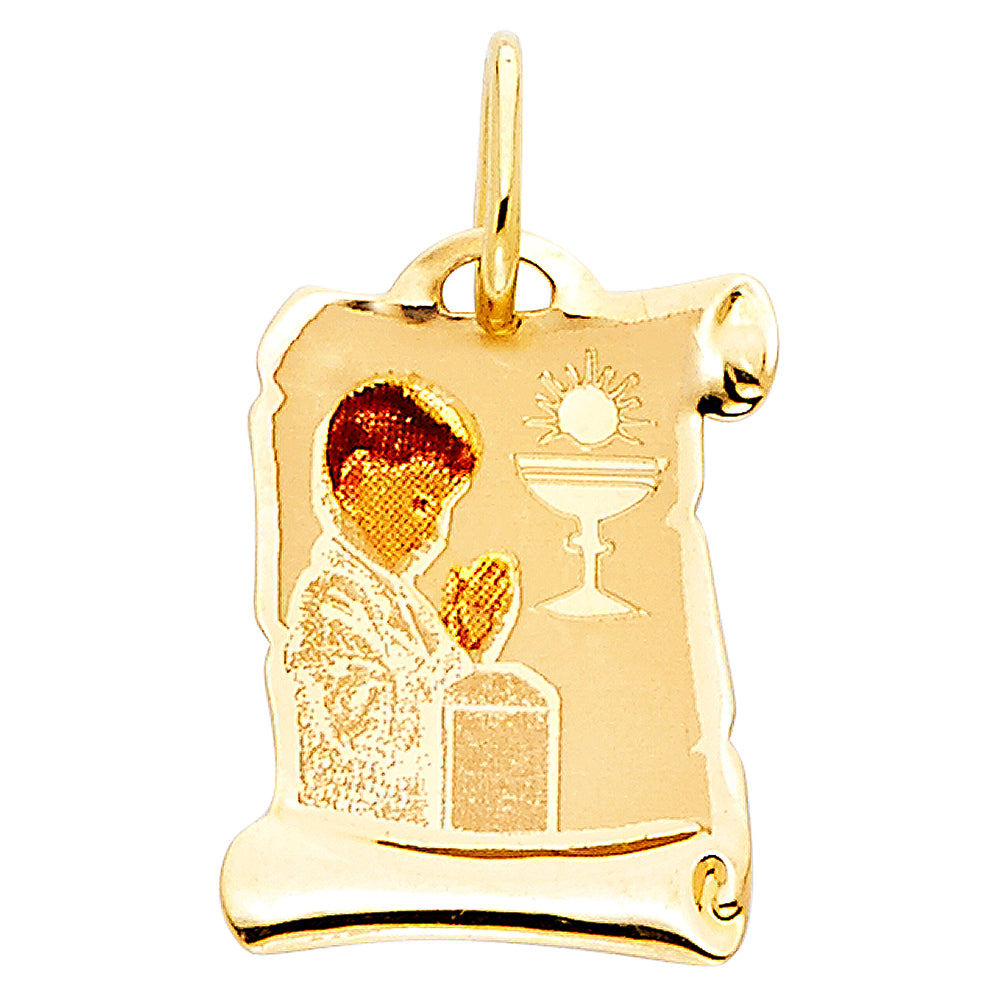 14K Gold Primera Comunión Scroll Pendant
