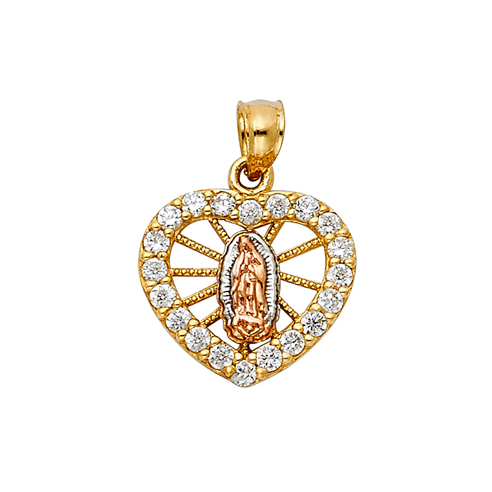 14K Tri-Color Guadalupe Heart CZ Pendant